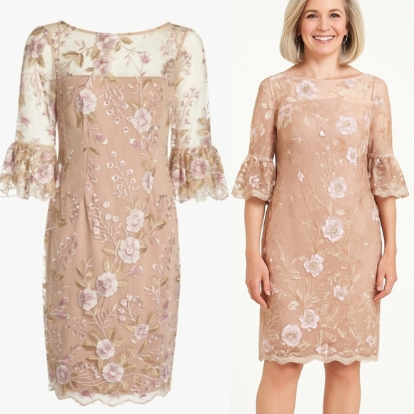 Adrianna Papell Wedding Embroidered Lace Overlay Bell Sleeve Sheath Dress Tan 14 - Picture 1 of 16